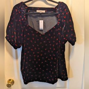 NWT Loft Velour Floral Sweetheart Neckline Poof Sleeve Top, Sz XL